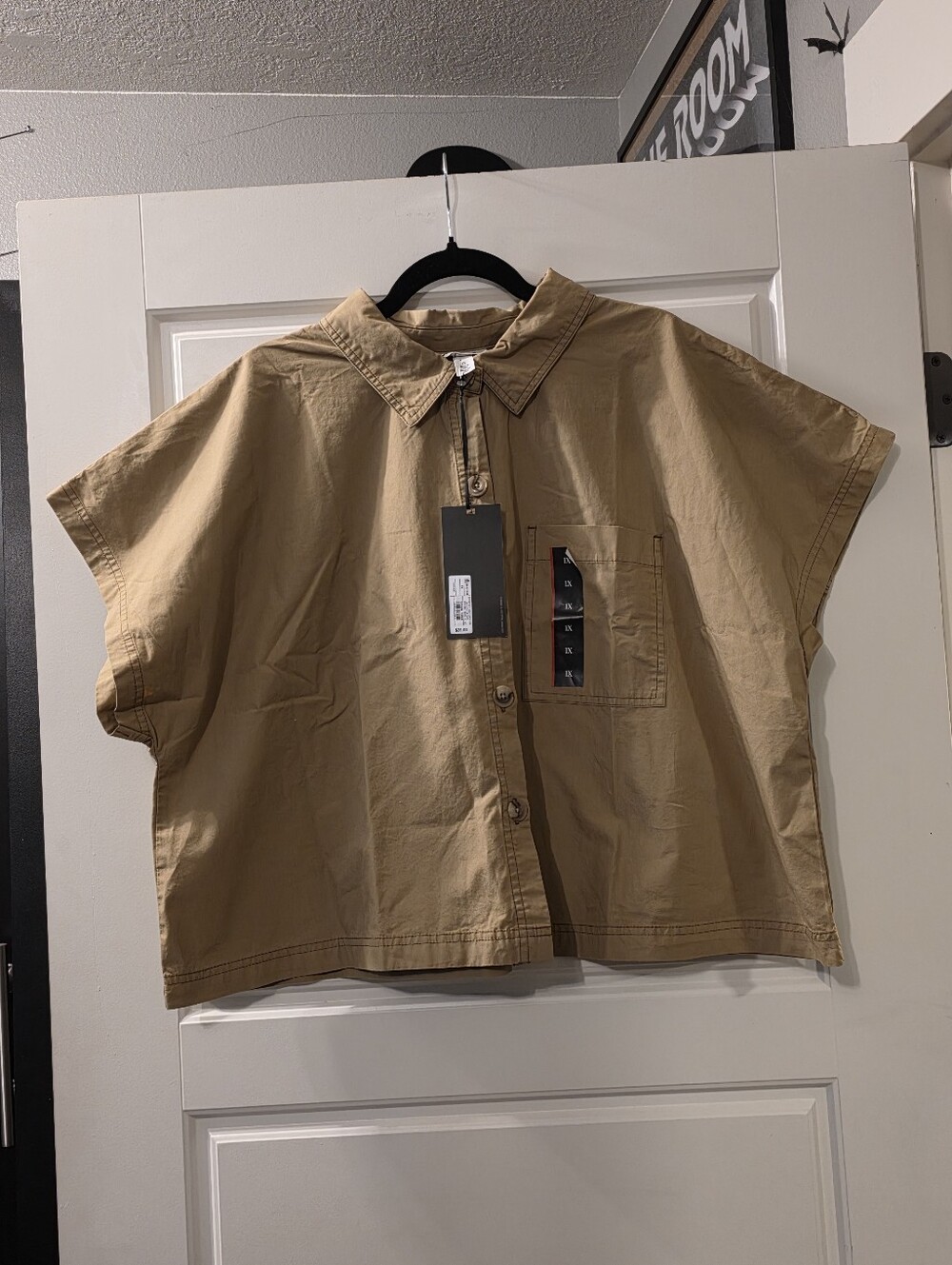 Future Collective Boxy Cropped Short-Sleeve Button Front Shirt - Tan 1X